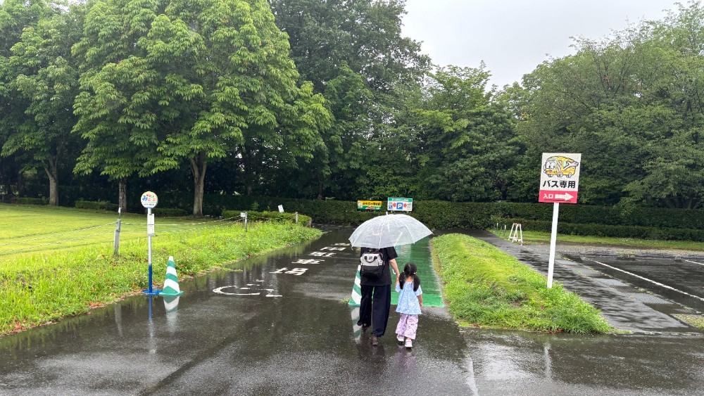 雨の日におもちゃ博物館の駐車場から歩き始める様子